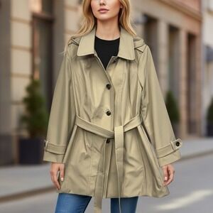 London Fog Hooded Trench Coat Belted Khaki Womens XLarge Quiet Luxury Neutral